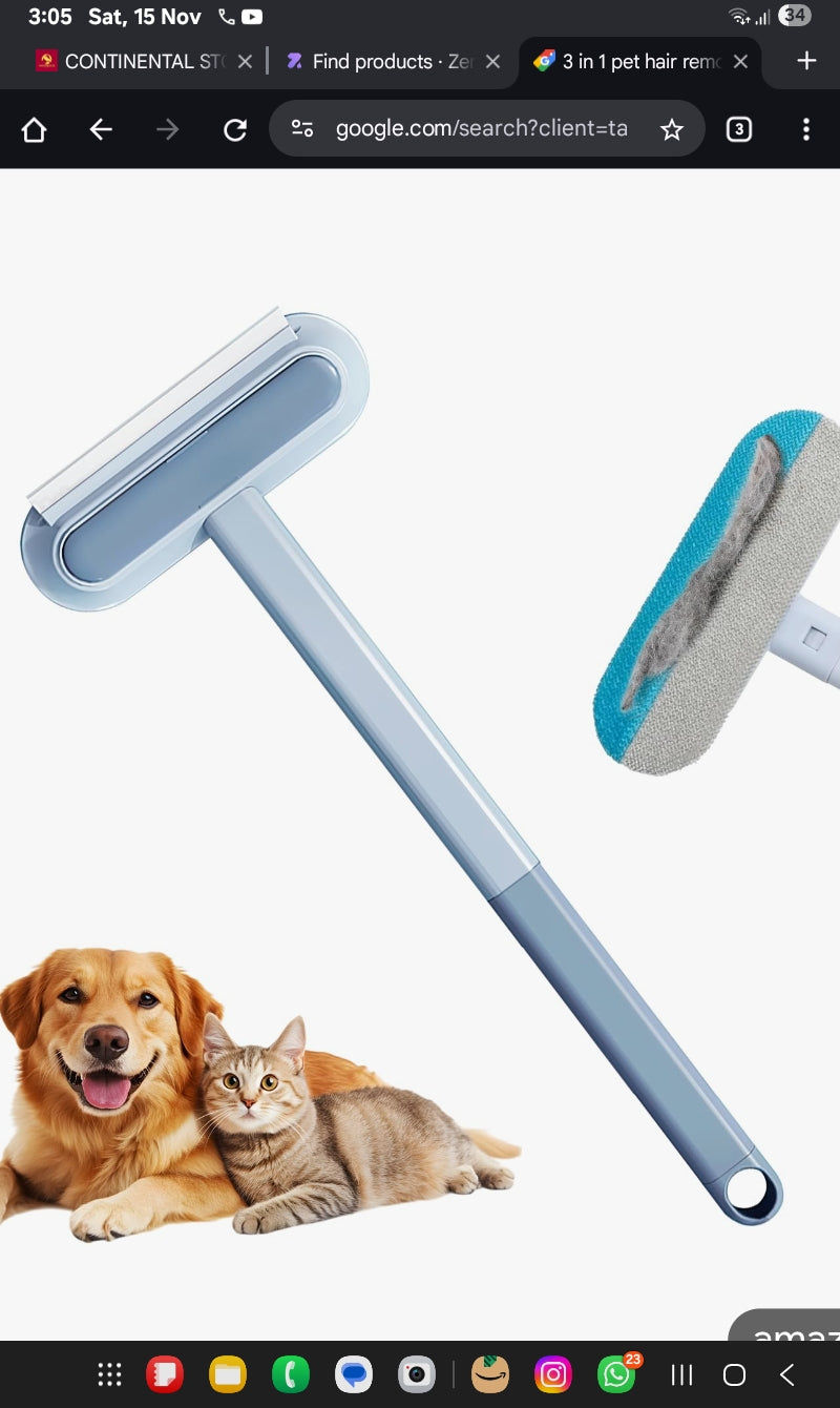 3 in 1 Pet Hair Removal Tool, Multifunctional Pet Hair Remover, Reusable and Washable Dog Cat Hair Cleaning Removal Brush with Long Handle, for